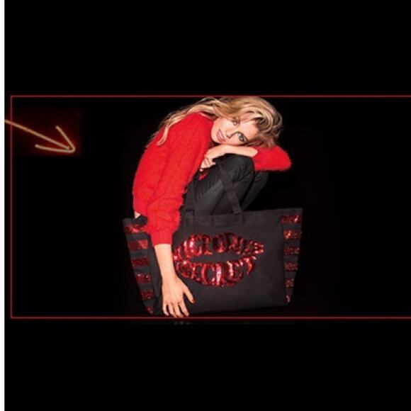 New Victoria Secrets Red & Black Lips Sequin Tote - Picture 2 of 6